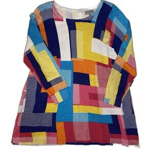 JOSEPH A Sweater Lightweight Tunic Geometric Colorblock Keyhole Back Womens L